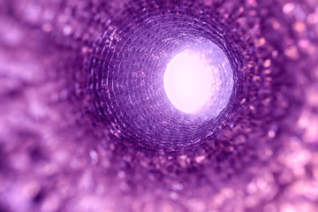 Going after death through pink-purple tunnel, into better world, in direction of bright light.