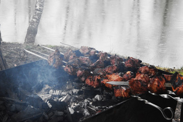 Early spring, kebabs in nature near the water. Beautiful natural background and relaxation, trees are reflected in the water, barbecue grills are fried, and smoke is coming.