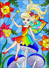 Obraz na płótnie Canvas Illustration in stained glass style with cute cartoon fairy in a bright rainbow dress on the background of flowers , sky and mushrooms 