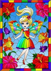 Obraz na płótnie Canvas Illustration in stained glass style with cute cartoon fairy in a bright rainbow dress on the background of flowers and sky, in bright frame