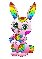 Illustration in stained glass style for the Easter holiday, cute cartoon pink rabbit isolated on a white background
