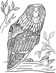 Coloring book with an owl on a branch. Hand coloring for children and adults. Beautiful contour drawings. Vector. One of the series in the collection.