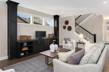 Living room interior in new home with built-in shelves, coffee table, couch, pillows, and lamp. 