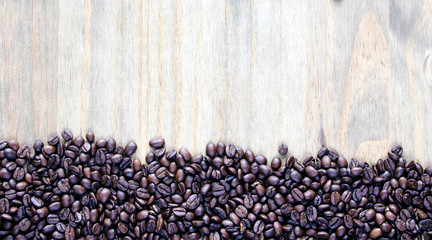 Coffee beans - for inspirational concepts & ideas - panorama header / banner on a natural, rustic, background texture, with design space.