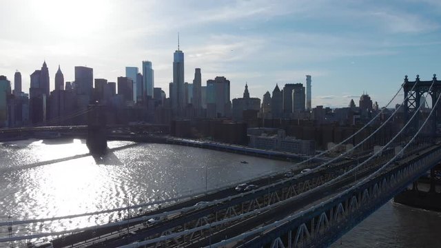 Aerial view of New York city from Manhattan Bridge and Brooklin Bridge, over East River, Unites States of America