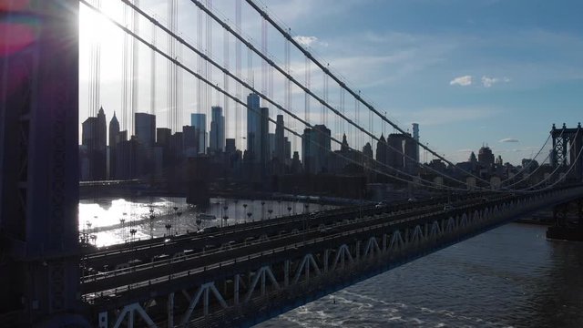 Aerial view of New York city from Manhattan Bridge and Brooklin Bridge, over East River, Unites States of America