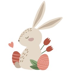 Cute hand drawn rabbit with pink easter eggs and tulips. Vector illustration.