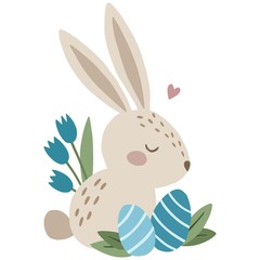 Cute hand drawn rabbit with blue easter eggs and tulips. Vector illustration.