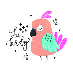 Doodle illustration. Cute styled parrot. Bright summer card. - 327643507