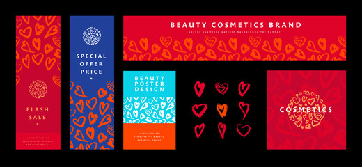 Beauty cosmetics brand. Vector hearts pattern. Beauty salon banner ornament. Fashion seamless pattern. Wedding salon identity design. Cosmetic label tag. Template sales banner. Special offer price.