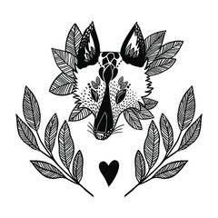 Flash tattoo set. Hand drawn illustration. Animal, leaf and branches in a black and white colors. Abstract fox drawing. - 327643543