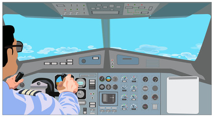 view from the cockpit of an airplane, a priority board in the cockpit of an airplane, view of a blue sky with clouds.