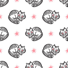 Tabby Cats Vector Seamless Pattern. Background for Kids with Hand drawn Doodle Cute Sleeping Kittens with Stars. Cartoon Animals Vector illustration in Scandinavian style