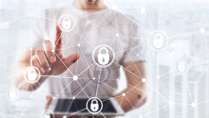 Cyber security, information privacy, data protection concept on modern server room background....