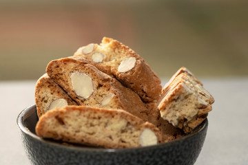 Cantuccini cookies in a bowl.  Delicious almond cookies.