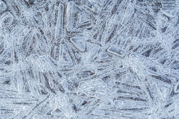 Macro close-up of ice on a frozen lake in the winter. Minimal full frame abstract background. Copy space.
