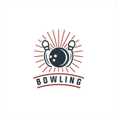 Bowling vector logotype, emblem and badge. Club gaming play, skittle and strike illustration. Template for bowling club, tournament, champion, challenge, Bowling vintage logo. 