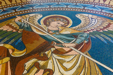 Berlin. Germany. Detail of the floor mosaic with the image of St. George in the Kaiser Wilhelm Memorial Church.