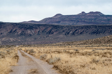 USA, Nevada, Lincoln County, Basin and Range National Monument. A two track dirt roads bumps along towards White River Narrows in the Seaman Range.