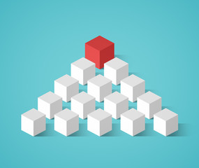 Red cube on top followed by many smaller white cubes in a pyramid formation on a turquoise...