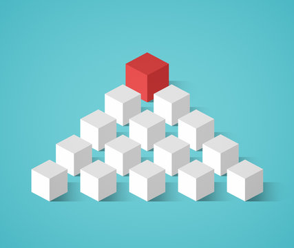 Red Cube On Top Followed By Many Smaller White Cubes In A Pyramid Formation On A Turquoise Background. Concept Image Of Leadership And Standing Out From The Crowd. Flat Design, Isometric Projection.