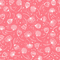 Flowers Vector Seamless pattern. Pink Floral background with Hand drawn doodle Wildflowers