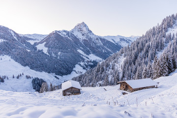 Winter in the Austrian Alps, View of Grosser Rettenstein Mountain in the morning light of a winterday
