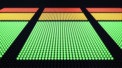 Animated 3D LED display of vertical volume level bars moving up and down with DOF and the camera slowly panning from left to right across the display. - Powered by Adobe