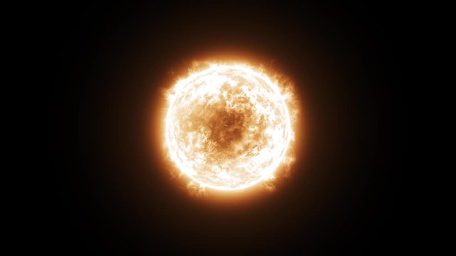 3D animation of a burning yellow and orange sun, with no space background or foreground, solar flares and core animation and the camera slowly moving towards it.