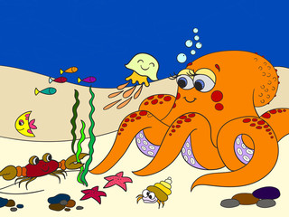 Bright, colorful pattern. The seabed with its inhabitants. Fish with octopus. Cartoon vector