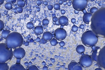 3D Illustration of many blue water molecules, H2O