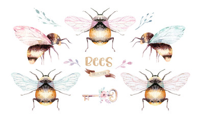 Stoffe zum Nähen Set of watercolor bright bees. Isolated colorful cartoon beer. Insect set decoration art