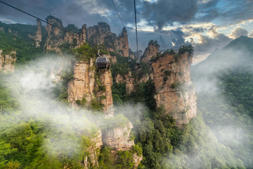 Cable crossing Tianzi Mountain and Yellow Stone Stronghold (Huangshi Zhai) in Yuanjiajie Scenic Area , Zhangjiajie National Park, China