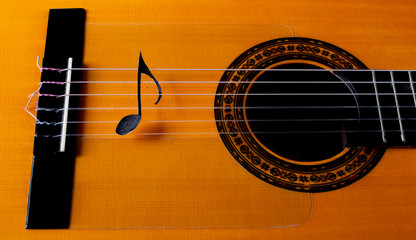 A single musical note on the strings of a Spanish acoustic guitar.