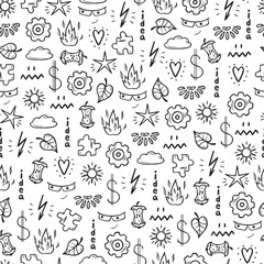 Idea Concept with Various Items Vector Seamless Pattern. Hand drawn doodle Random objects Background
