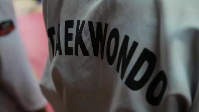 A back of a dobok uniform of a taekwondo practitioner