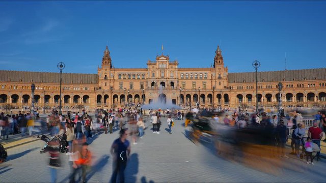 The Plaza de Espana Timelapse 4k in Seville Spain City Center with Tourists Visiting the City.
