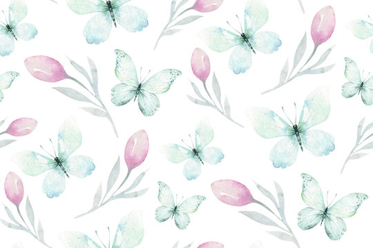 Watercolor colorful butterflies, butterfly, bugs seamless pattern on white background. blue, yellow, pink and red butterfly spring illustration.