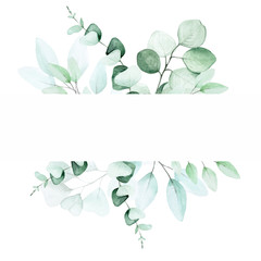  stock illustration watercolor drawing. frame of eucalyptus leaves. decoration for cards, wedding invitations. space for text