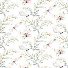 Watercolor colorful butterflies, butterfly, bugs seamless pattern on white background. blue, yellow, pink and red butterfly spring illustration.