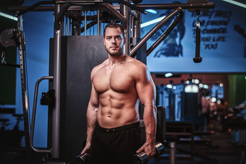 Fototapeta na wymiar Strong muscled sportsman doing excersises with dumbbells in a gym looking questioned