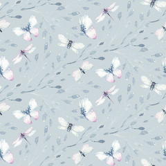 Watercolor colorful butterflies, butterfly, bugs seamless pattern on white background. blue, yellow, pink and red butterfly spring illustration.