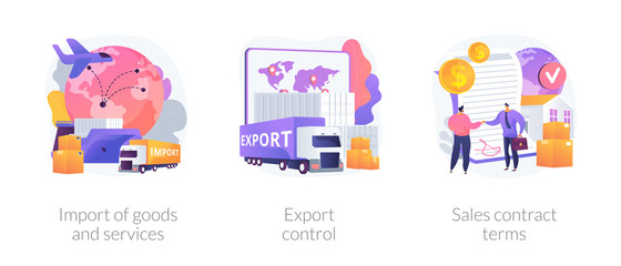Global trade, distribution and logistics metaphors. Goods and services import, export control, sales contract terms. Maritime, air and land shipment abstract concept vector illustration set. - obrazy, fototapety, plakaty