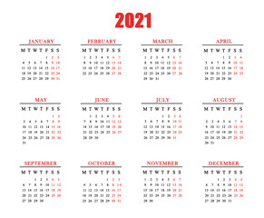 Calendar for 2021 on white background.