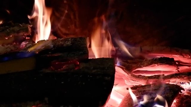 Wood on fire in fireplace, firecamp.