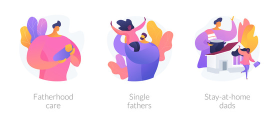 Men taking paternity leave metaphors. Caring single father, stay-at-home dad, parenting. Daddy spending time with kid. Fatherhood and childcare abstract concept vector illustration set.