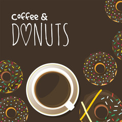 Donuts and cup of coffee or hot chocolate. Background for poster or menu design. Sweet sugar icing doughnuts in the glaze with colorful sprinkle topping. Flat style graphics. Vector eps10 illustration