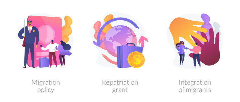 Human legal migration metaphors. Repatriation grant, integration of migrants, immigration policy. Moving to abroad, returning to homeland abstract concept vector illustration set.