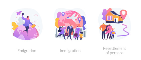 Fototapeta na wymiar Population mobility, human migration metaphors. Emigration, immigration, people resettlement. Country borders legal and illegal crossing abstract concept vector illustration set.