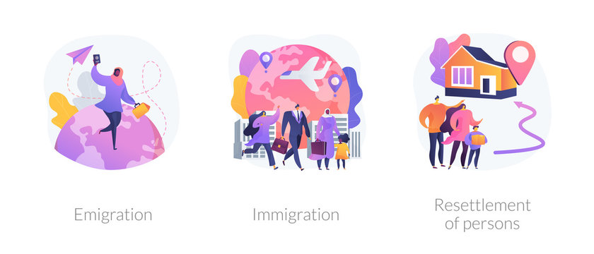 Population mobility, human migration metaphors. Emigration, immigration, people resettlement. Country borders legal and illegal crossing abstract concept vector illustration set.